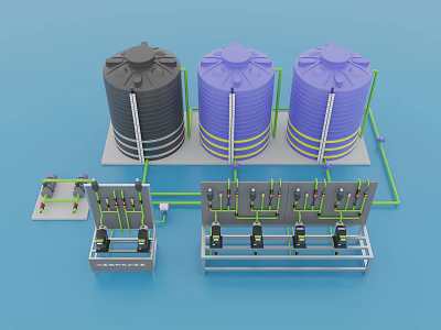 Industrial Equipment Configuration With Purple And Black Storage Tanks And Piping System 3d model