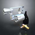 Silver Revolver With Black Grip Displayed Isolated On Dark Background With Bullets