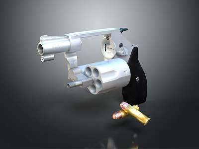 Silver Revolver With Black Grip Displayed Isolated On Dark Background With Bullets 3d model
