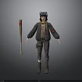 Woman In Worn Patched Jacket With Goggles Cap And Bloodstained Baseball Bat