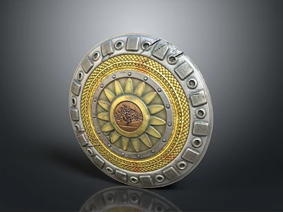 Ornate Round Metal Shield With Sun Pattern Gold Silver Decor And Rivets 3d model