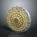 Ornate Round Metal Shield With Sun Pattern Gold Silver Decor And Rivets