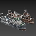 Three Different Types of Ships 3D Model with Gray Brown Hulls and Deck Equipment