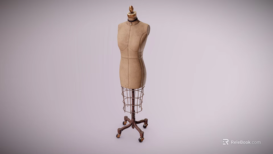 Brown Vintage Dress Form Mannequin With Metal Stand And Rolling Wheels For Tailoring 3d model 