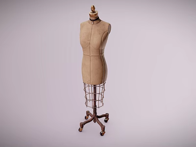 Brown Vintage Dress Form Mannequin With Metal Stand And Rolling Wheels For Tailoring 3d model