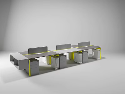 Modern Office Desk With Multiple Workstations Dividers Drawers And Yellow Edges 3d model