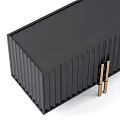 White and Black Vertical Striped TV Stand with Gold Metal Legs and Handles