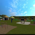 Playground With Green Lawn Sand Area Red Blue Play Equipment Pavilions And Trees Under Blue Sky