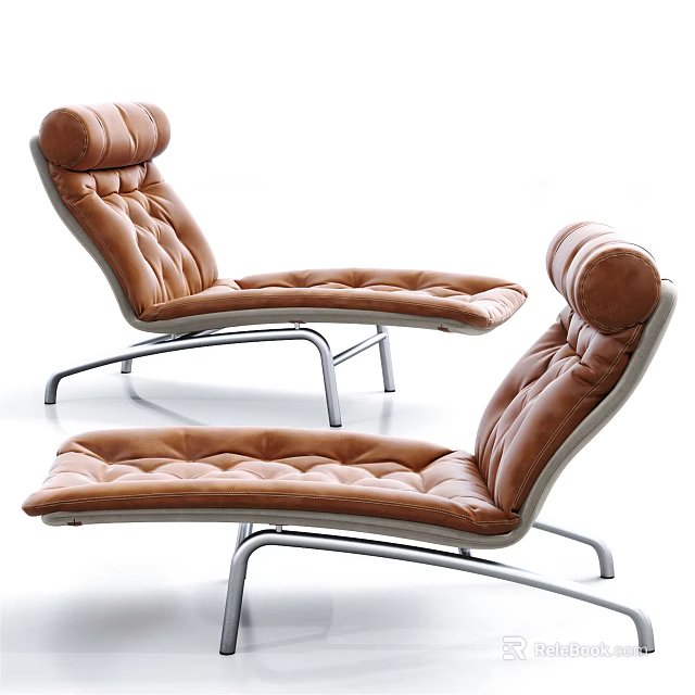 Modern Brown Leather Lounge Chair With Quilted Design And Metal Frame 3d model 