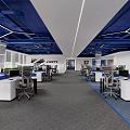 Modern Office Interior With Blue Accent Wall White Curved Reception Desk And Marble Flooring