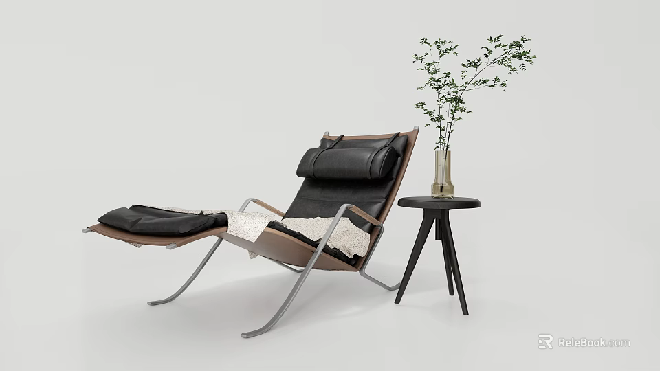 Modern Leather Lounge Chair With Metal Frame Side Table And Green Plant 3d model 