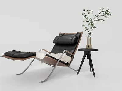 Modern Leather Lounge Chair With Metal Frame Side Table And Green Plant 3d model