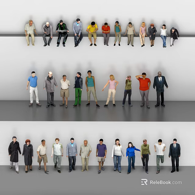 Diverse Group of People in Various Outfits Standing in Different Poses 3d model 