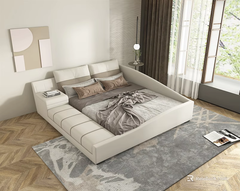 Modern Upholstered Double Bed Interior With Beige Pillows Nightstand Lamp And Wooden Floor Rug 3d model 