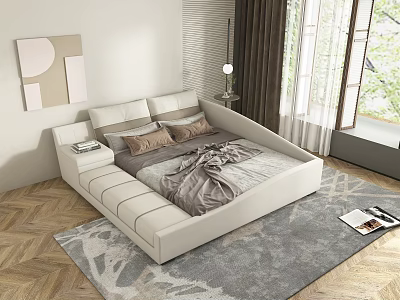 Modern Upholstered Double Bed Interior With Beige Pillows Nightstand Lamp And Wooden Floor Rug 3d model