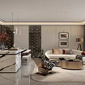 Modern Living and Dining Room Interior With Marble Wall Fireplace Sofa And Dining Table