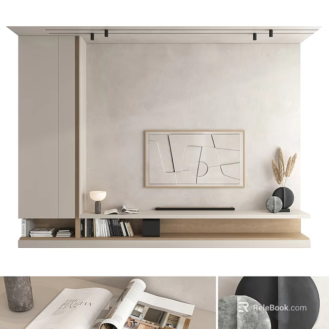 Modern Minimalist TV Wall Design With Textured Surface Geometric Artwork And Floating Stand 3d model 