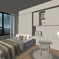 Modern Tatami Bedroom With Desk Storage Cabinets Window Decorative Dolls And Table Lamp