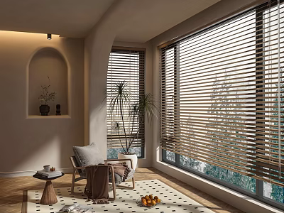 Modern Home Balcony with Large Windows Blinds Chair Small Table Plants Rug and Wooden Floor 3d model