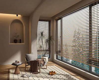 Modern Home Balcony with Large Windows Blinds Chair Small Table Plants Rug and Wooden Floor 3d model