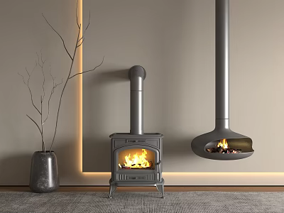 Modern Interior With Cast Iron Stove Hanging Fireplace Decorative Branch And Illuminated Wall 3d model