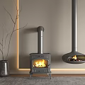 Modern Interior With Cast Iron Stove Hanging Fireplace Decorative Branch And Illuminated Wall