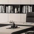 Modern Office Desk With Curved Design Black Chairs And Bookshelves Filled With Books Decorative Items