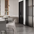 Modern Open Concept Restaurant With White Dining Table Grey Chairs Wine Cabinet And Hanging Pendant Light