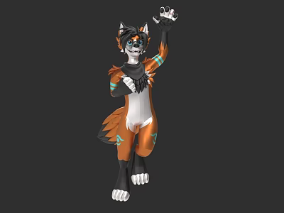 Anthropomorphic Fox Character With Orange White Fur And Green Star Patterns In Standing Pose 3d model