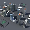 3D Model Office Buildings with Tall Skyscrapers Orange Tops JW Design Logos and Green Icons
