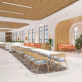 Modern Restaurant Interior Design With Long Wooden Table Orange Chairs And Pendant Lights