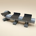 Creative Public Chair Made From Gray Pipe With Three Black Seats And Concrete Bases