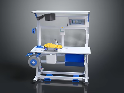 Industrial Workbench Equipment With Digital Control Panel Blue White Frame Yellow Components Safety Net Guard 3d model
