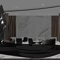 Modern Hotel Lobby Interior Design With Large Black Sculpture Wooden Wall Paneling And Stylish Sofas