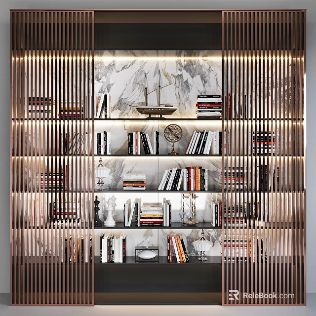 Modern Luxury Bookcase With Marble Background Copper Stripes Books Decorations And Lighting Design 3d model 