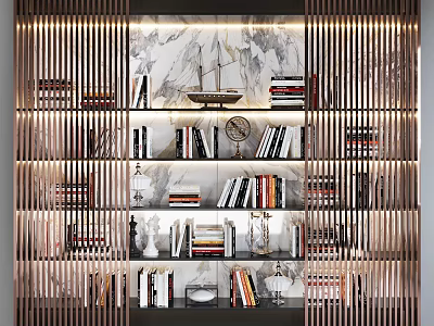 Modern Luxury Bookcase With Marble Background Copper Stripes Books Decorations And Lighting Design 3d model