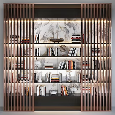 Modern Luxury Bookcase With Marble Background Copper Stripes Books Decorations And Lighting Design 3d model