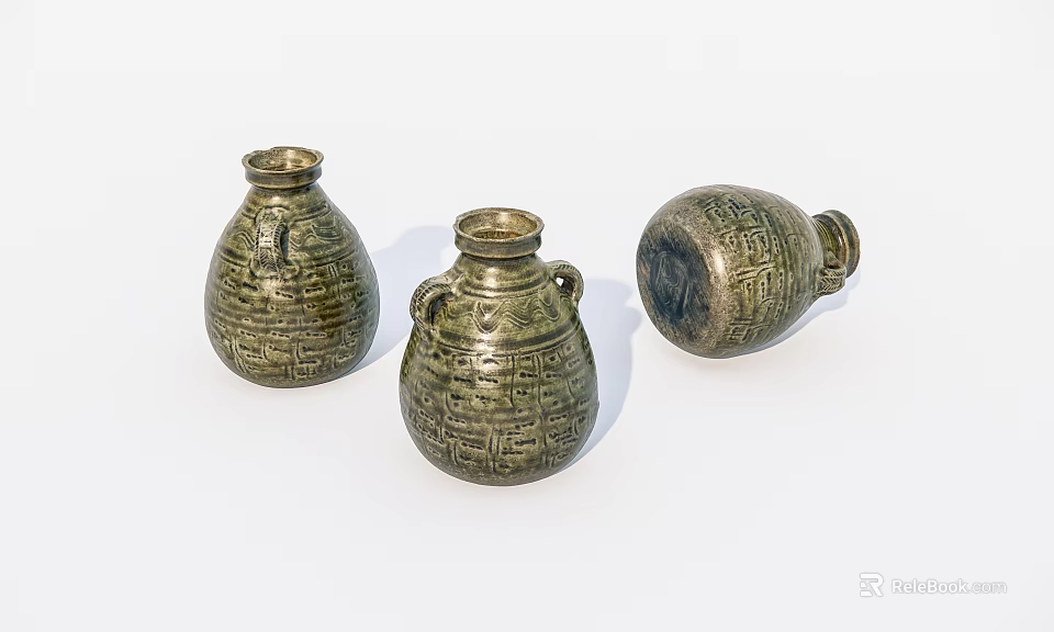 Three Decorative Ceramic Vessels With Intricate Patterns And Celadon Green Tone 3d model 