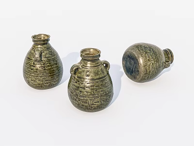 Three Decorative Ceramic Vessels With Intricate Patterns And Celadon Green Tone 3d model