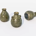 Three Decorative Ceramic Vessels With Intricate Patterns And Celadon Green Tone