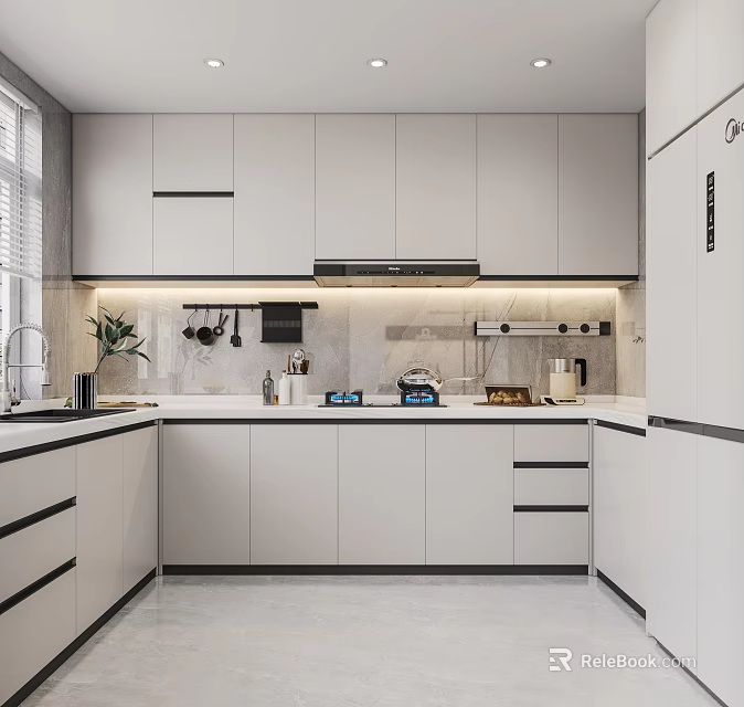 Modern Open Kitchen Interior Design With White Cabinets Countertop And Appliances 3d model 