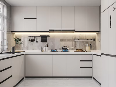 Modern Open Kitchen Interior Design With White Cabinets Countertop And Appliances 3d model