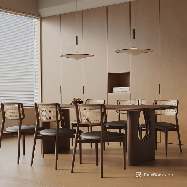 Modern Wooden Dining Table Set With Woven Back Chairs And Hanging Pendant Lights 3d model 