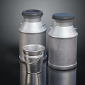 Silver Metal Milk Cans and Small Bucket with Black Lids and Handles