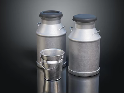 Silver Metal Milk Cans and Small Bucket with Black Lids and Handles 3d model