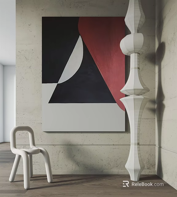 Abstract Geometric Painting With Modern Sculpture And Minimalist Chair In Interior 3d model 