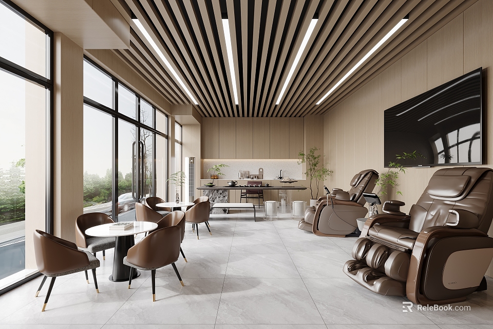 Automotive 4S Store Modern Customer Lounge With Comfortable Seating And Natural Light 3d model 