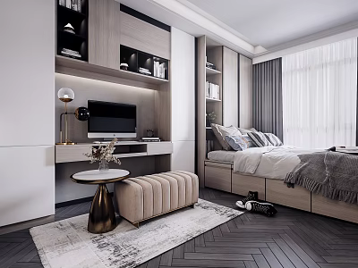 Tatami Bedroom Interior Design With Built-in Storage Desk Soft Rug Decorative Pillows And Window Curtains 3d model
