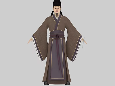 Man In Traditional Ancient Style Robe With Sash And Black Hat Standing Pose 3d model