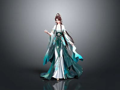 Elegant Traditional Chinese Female Costume With Turquoise Flowing Skirt Long Sleeves And Hairpin 3d model